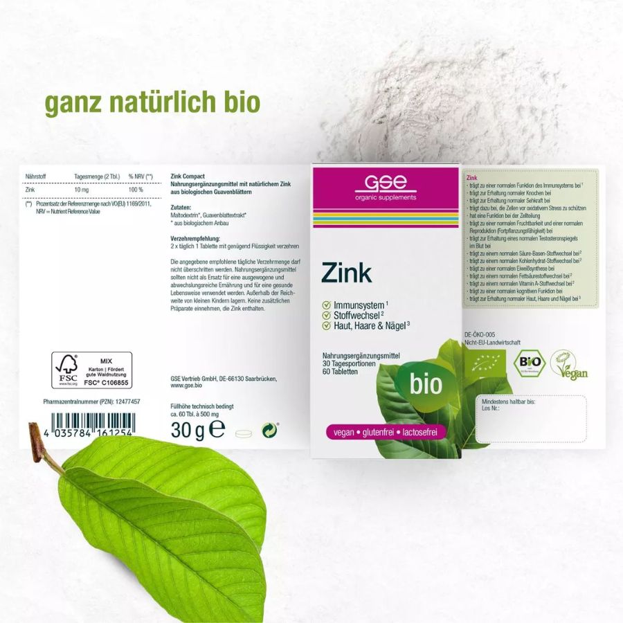 GSE Zink Compact (Bio), 60 Tabl. à 500 mg, 30g
